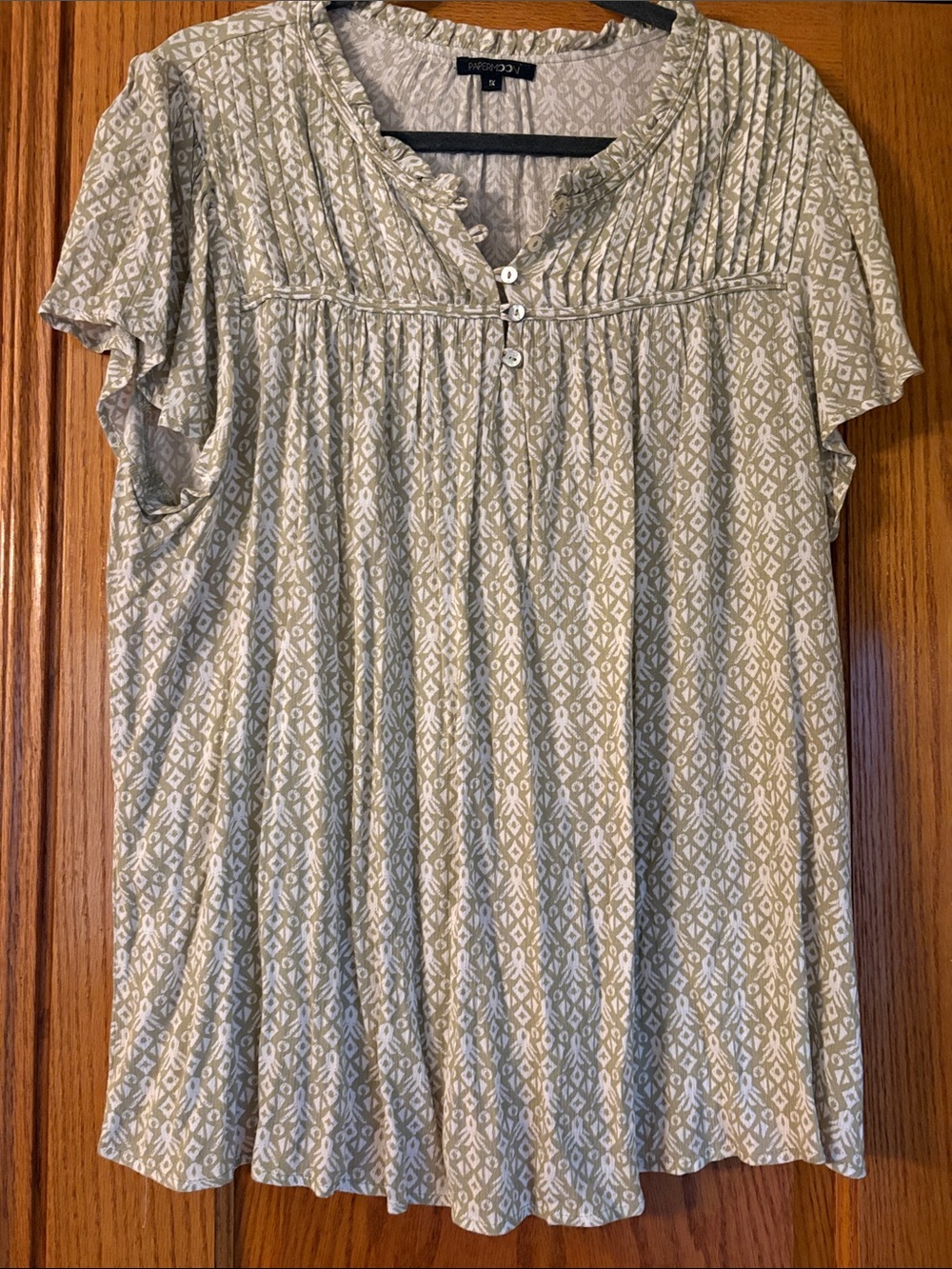 Papermoon 1X Sage Green Patterned Short Sleeve Peasant Blouse